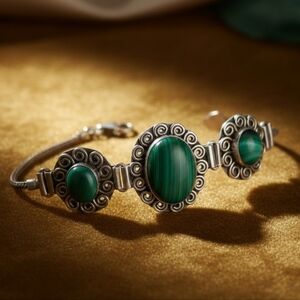 Vintage Inspired Malachite Sterling Silver Bracelet